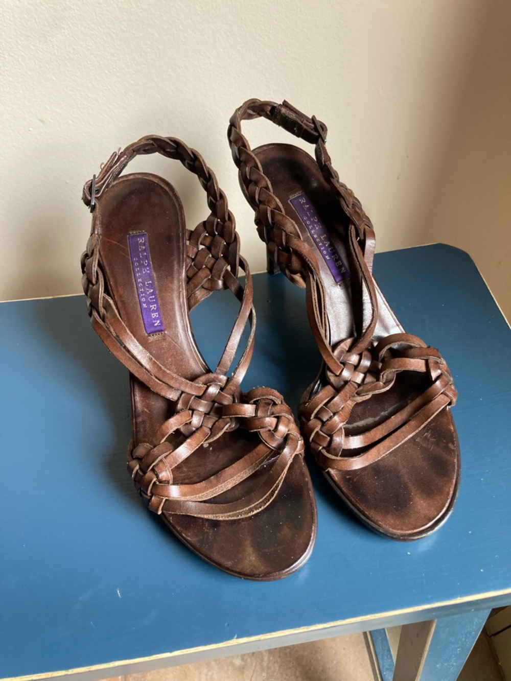 Ralph Lauren Purple Label Brown Braided Leather Heeled Sandals Size 6.5 Italy